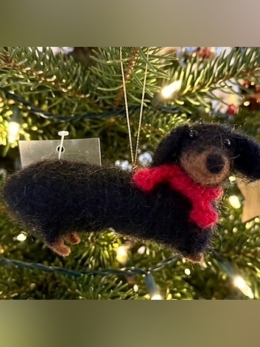 Handmade Needle-Felted Dachshund Dog Ornament with Red Scarf